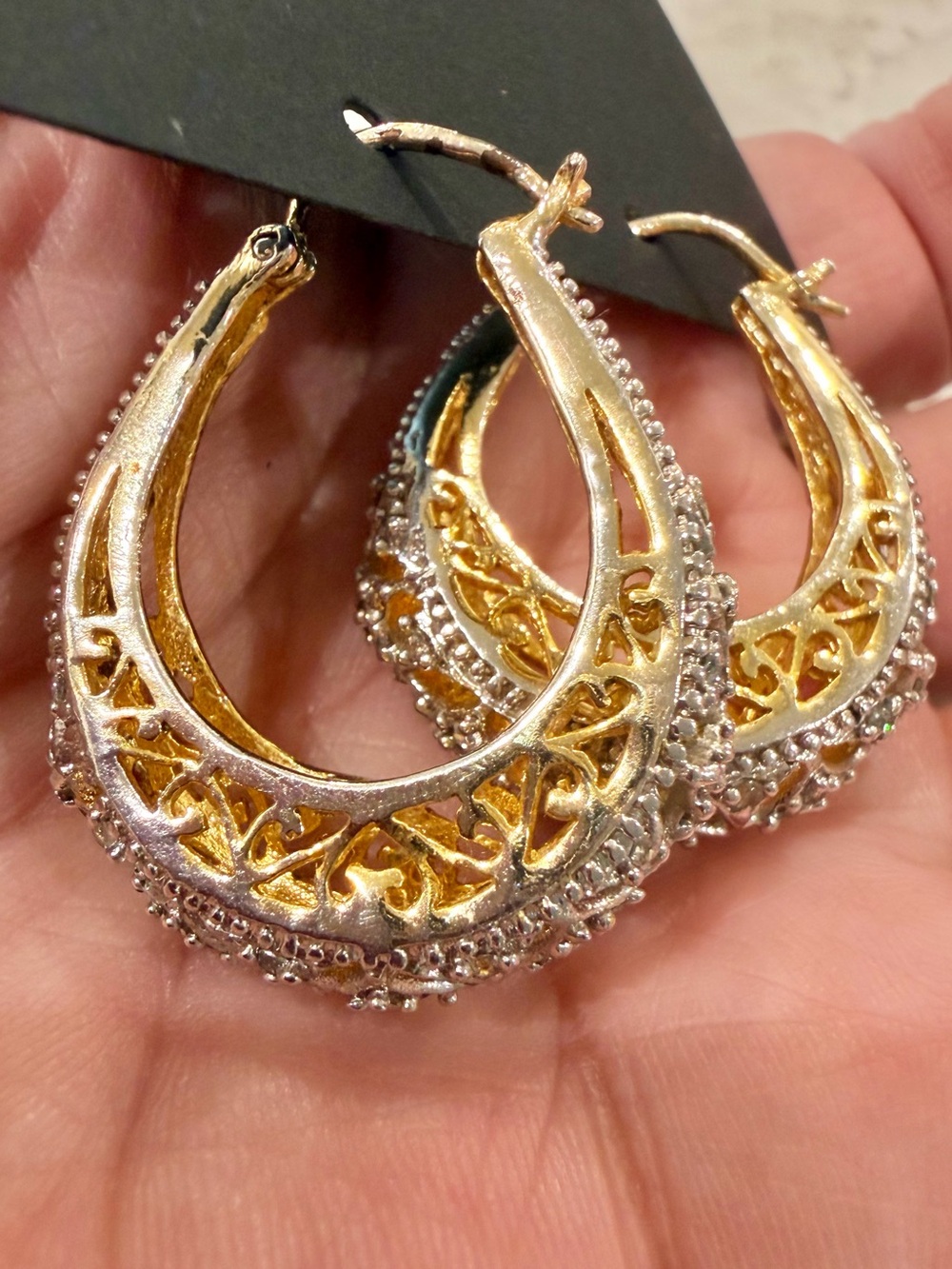Two Tone Filigree Basket Hoop Earrings with Sparkling Faux Diamond Accent